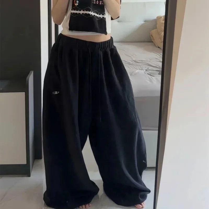 American Black Retro Hip-Hop Oversized Casual Sweatpants Korean Streetwear Loose High Waist Jogging Wide Leg Pants
