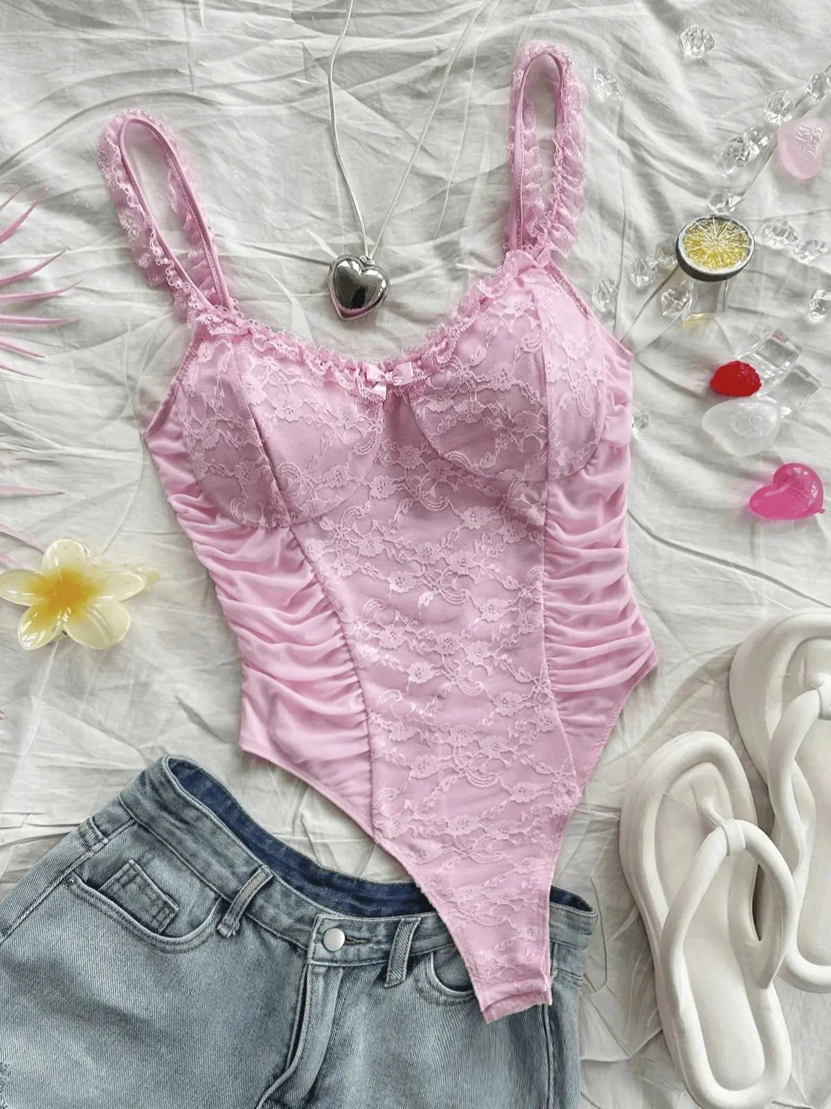 Spring/knitted fabric Romantic lace wooden ear edge casual holiday retro onesie