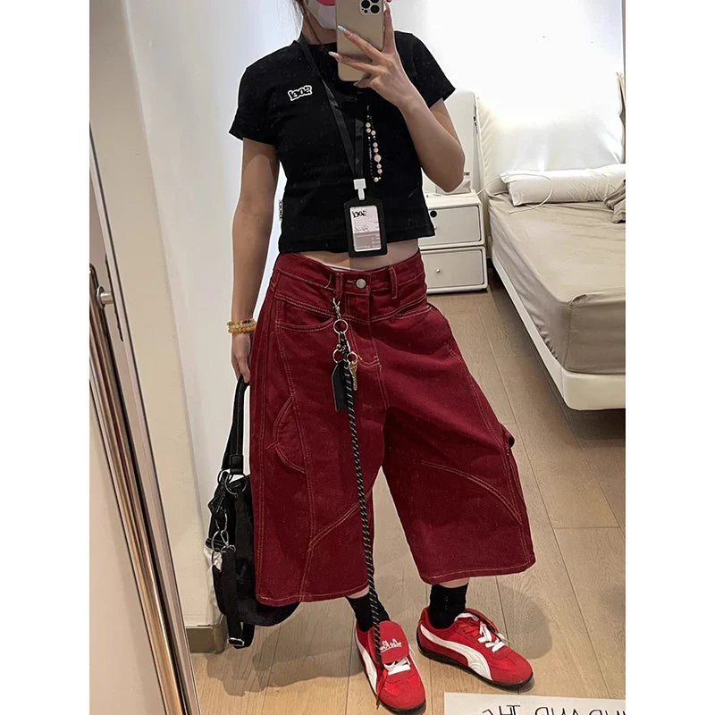 Red Gothic Cargo Jeans Vintage Korean 90s Y2k Denim Trousers Harajuku High Waist Cowboy Shorts 2000s Clothes
