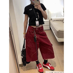 Red Gothic Cargo Jeans Vintage Korean 90s Y2k Denim Trousers Harajuku High Waist Cowboy Shorts 2000s Clothes