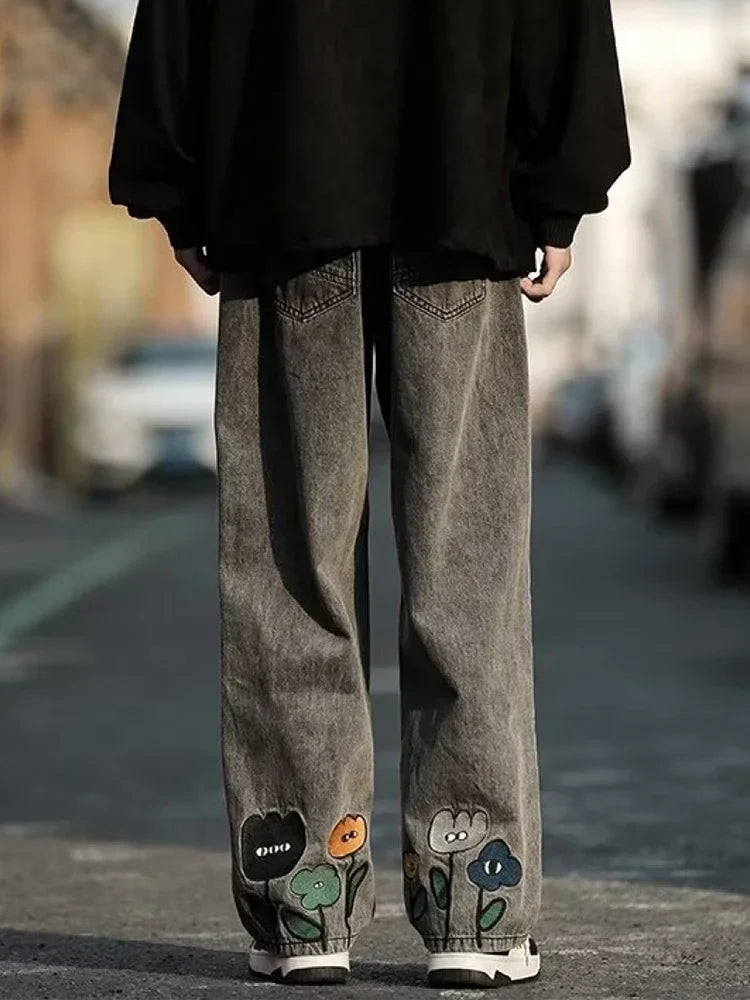 Y2K Flower Printed Baggy Jeans Streetwear American Casual Denim Wide-leg Pants Hombre Vintage Straight Trousers