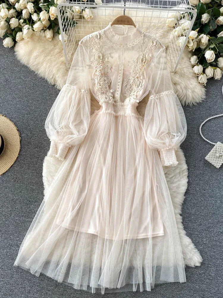 Ladies Dress Three-dimensional Flower Hook Mesh Temperament Stand Collar Lantern Sleeve High Waist Slim Dresses