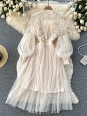 Ladies Dress Three-dimensional Flower Hook Mesh Temperament Stand Collar Lantern Sleeve High Waist Slim Dresses