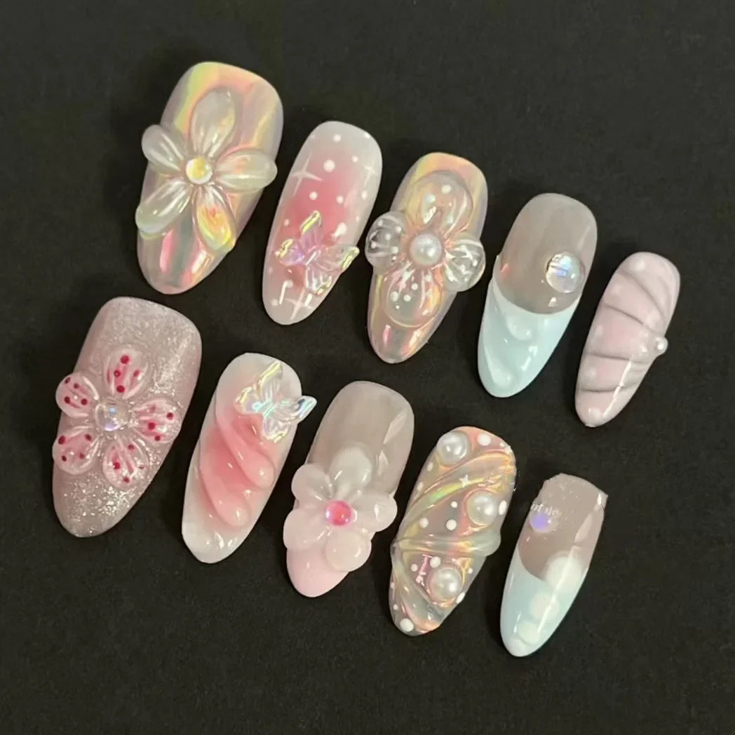 24PCS Sweet Pink Blush French Almond Press on Nails 3D Flower Ripples Fake Nails
