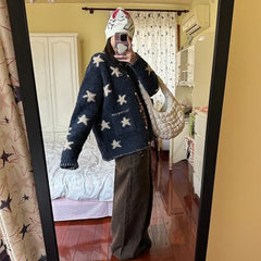 Vintage Star Knitted Cardigan Harajuku Print Sweater Outerwears Korean Long Sleeve Knitwears Ladies Casual Jumpers