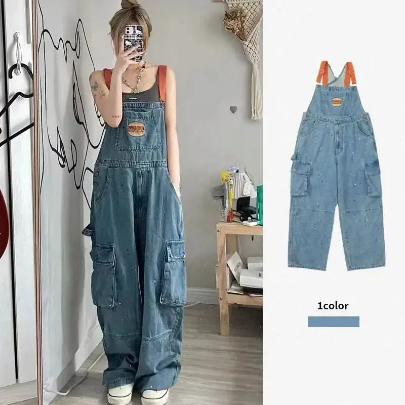 Cool Girl Style Embroidered Spicy Ink Denim Strap Jumpsuits /Large Loose