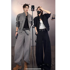 Unisex Stand Collar Short Jacket Loose Wide Leg Pants Set Trendy Casual Streetwear Oversized Urban