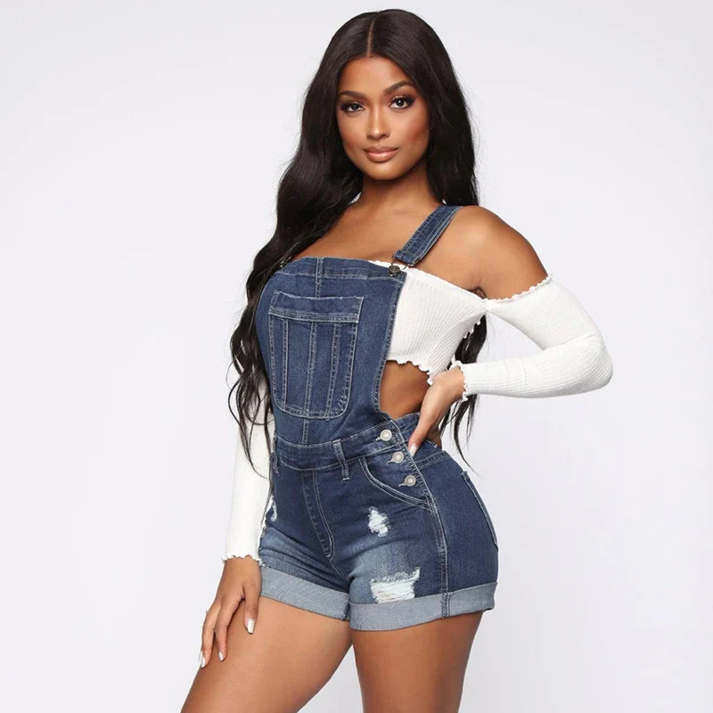 Shorts Overalls Ripped Jeans Lady Stretch Rompers Denim Pants Lady Cross Strap Jumpsuit Casual Bodysuits