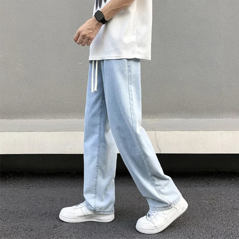 Casual Straight-Leg Jeans Loose-Fit Elastic Waist American Style Wide-Leg Trousers Arrival High Street Fash