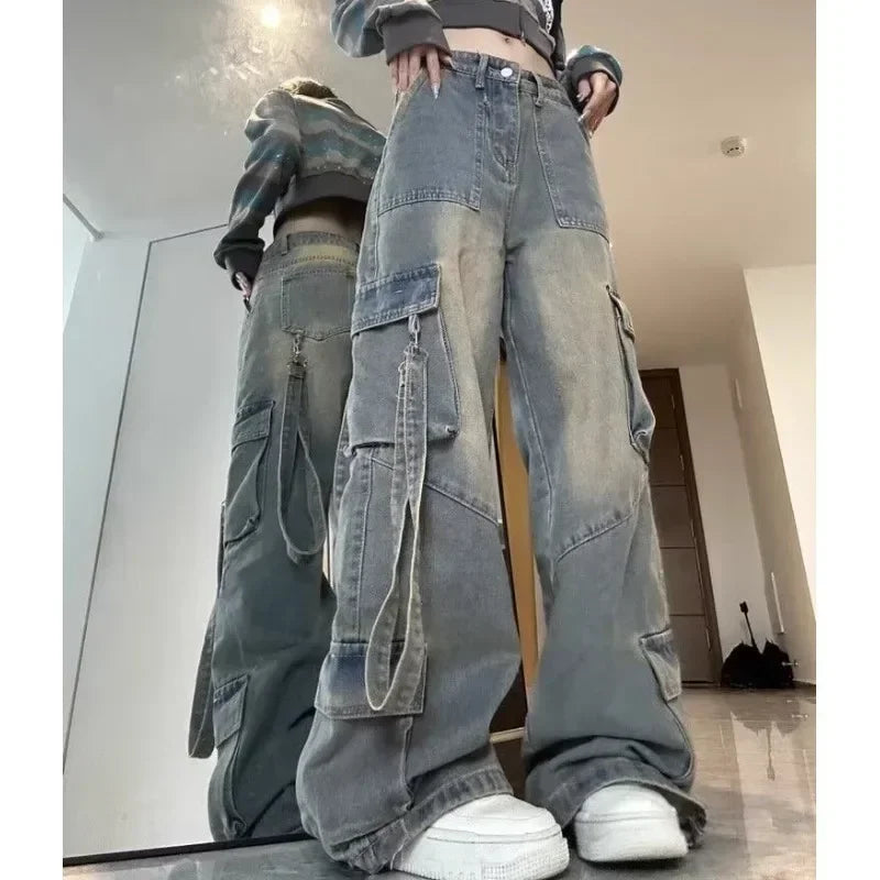 Jean Spliced Pockets Cargo Pants Washed Denim High Waist Full Length Jeans Loose Solid Basics Patchwork Distressed