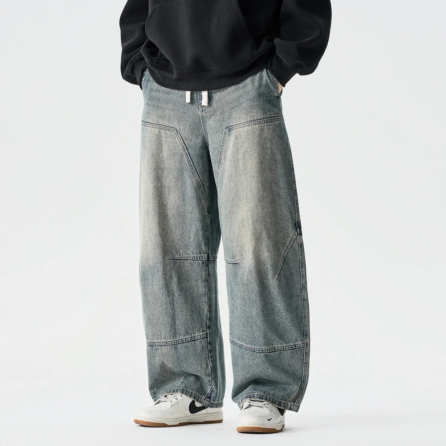 Denim Pants Vintage Elastic Waist Black Jeans Male Harajuku Hip Hop Cotton Oversize Wide Leg Trousers