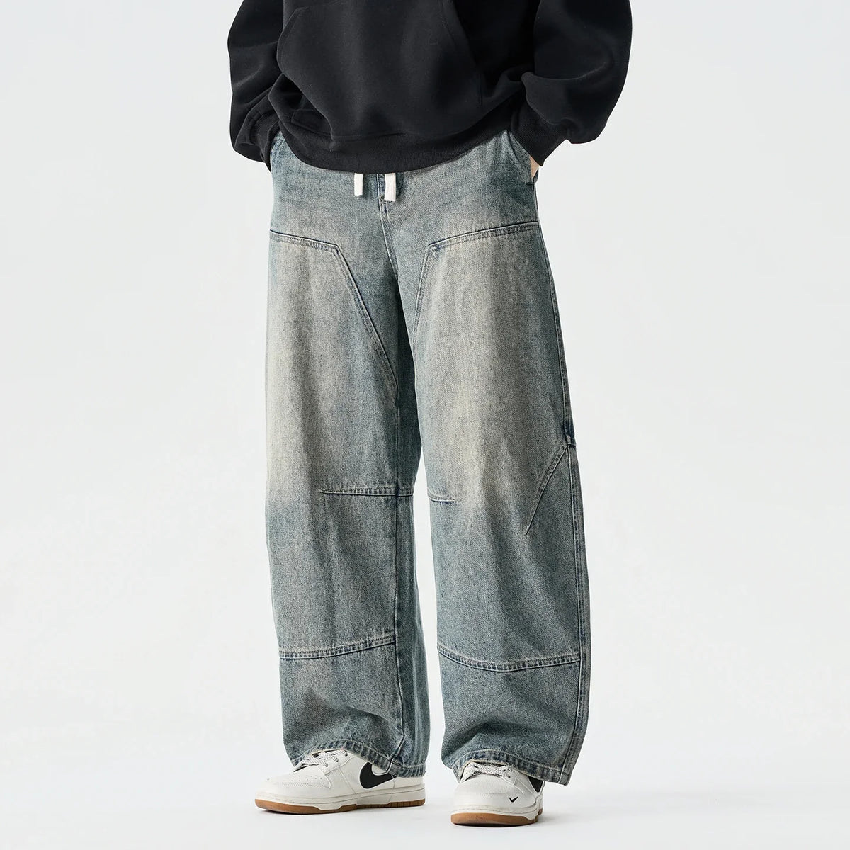 Denim Pants Vintage Elastic Waist Black Jeans Male Harajuku Hip Hop Cotton Oversize Wide Leg Trousers
