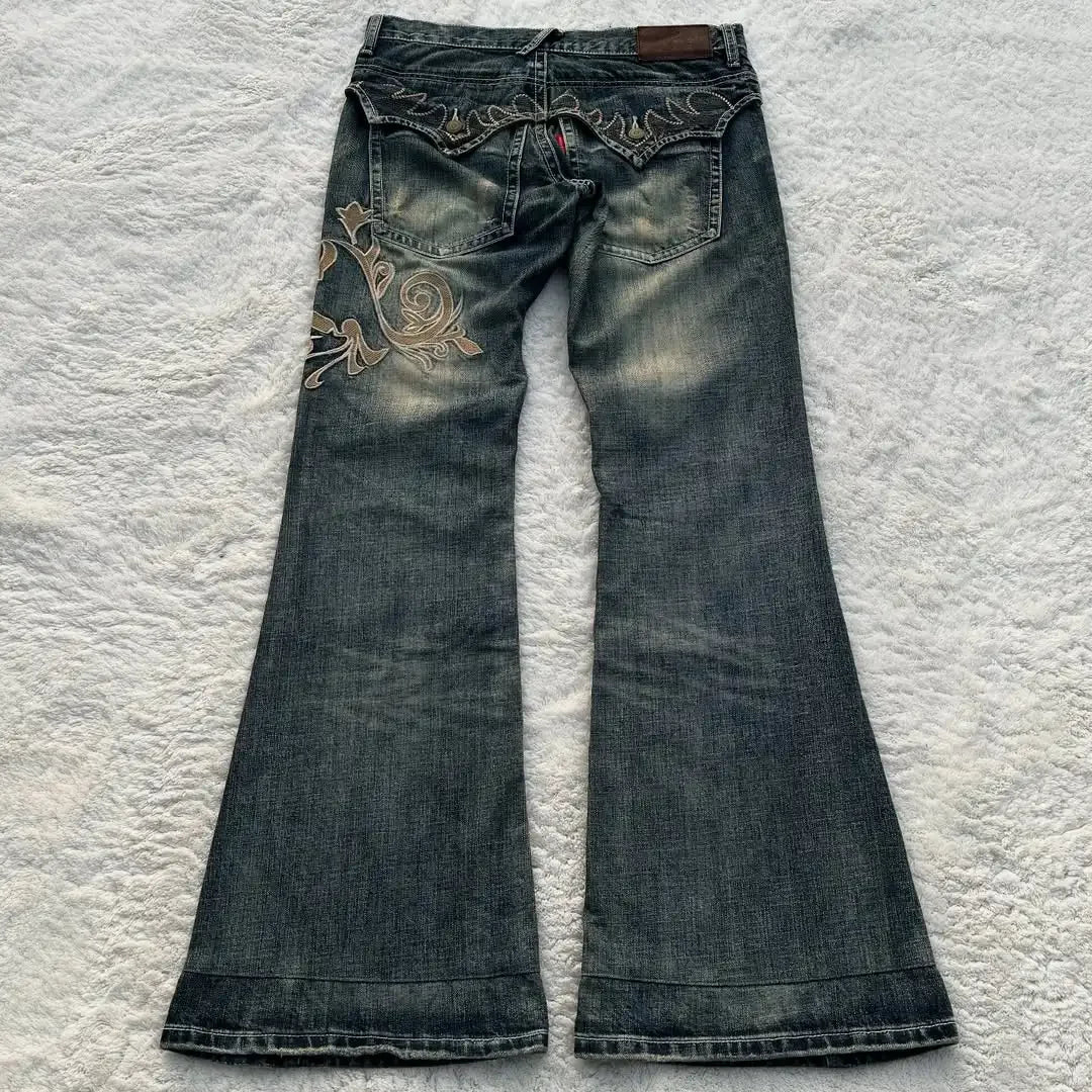 Street Harajuku Heavy Industries Retro Pattern Embroidery Blue Washed Jeans Personalized Casual Splicing Flare Pants