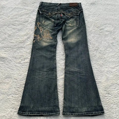 Street Harajuku Heavy Industries Retro Pattern Embroidery Blue Washed Jeans Personalized Casual Splicing Flare Pants