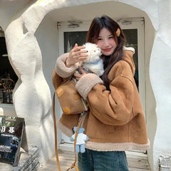 Horn Button Hooded Lamb Fur Coat Clothing Coats Loose Thick Suede Brown Short Jacket