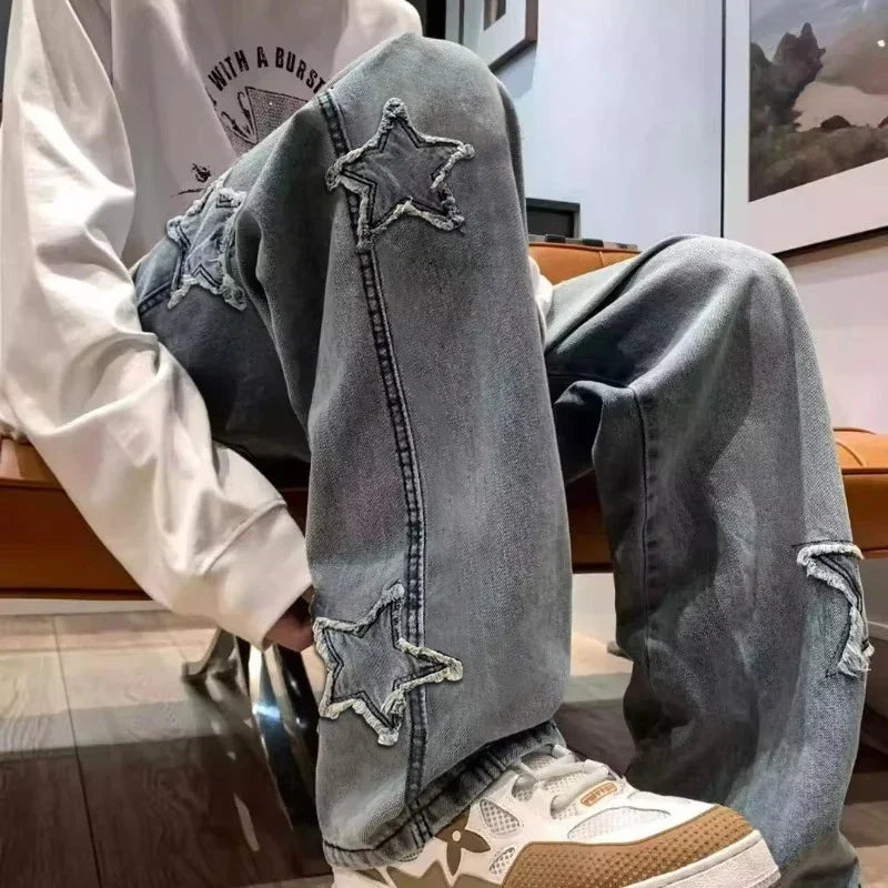 Star Embroidery Straight Casual Jeans Gothic Neutral Wide Leg Loose Hip-hop Youth Streetwear Denim Trousers Y2K