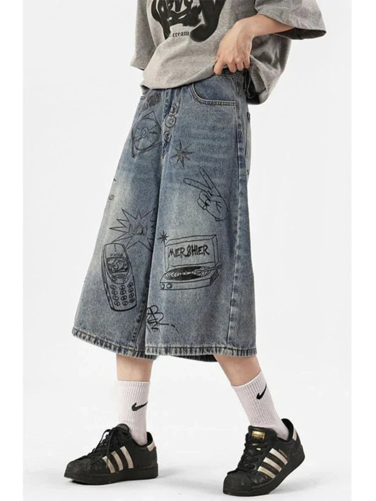 Y2k Style Baggy Denim Shorts Wide Leg Short Pants High Waisted Dark Wash Knee Length Loose Unisex Jeans Casual