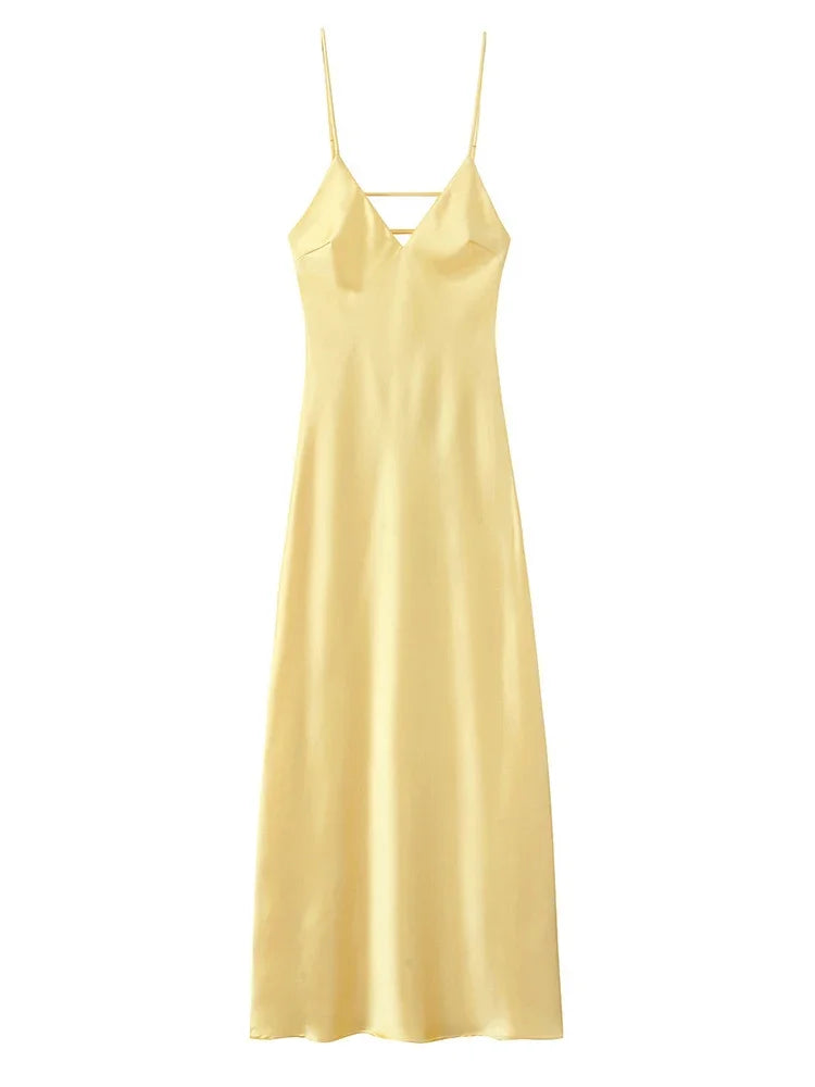 Yellow Elegant Stain Sling Dress Backless Sleeveless V Neck High Waist Evening Gown Chic Lady Partywear