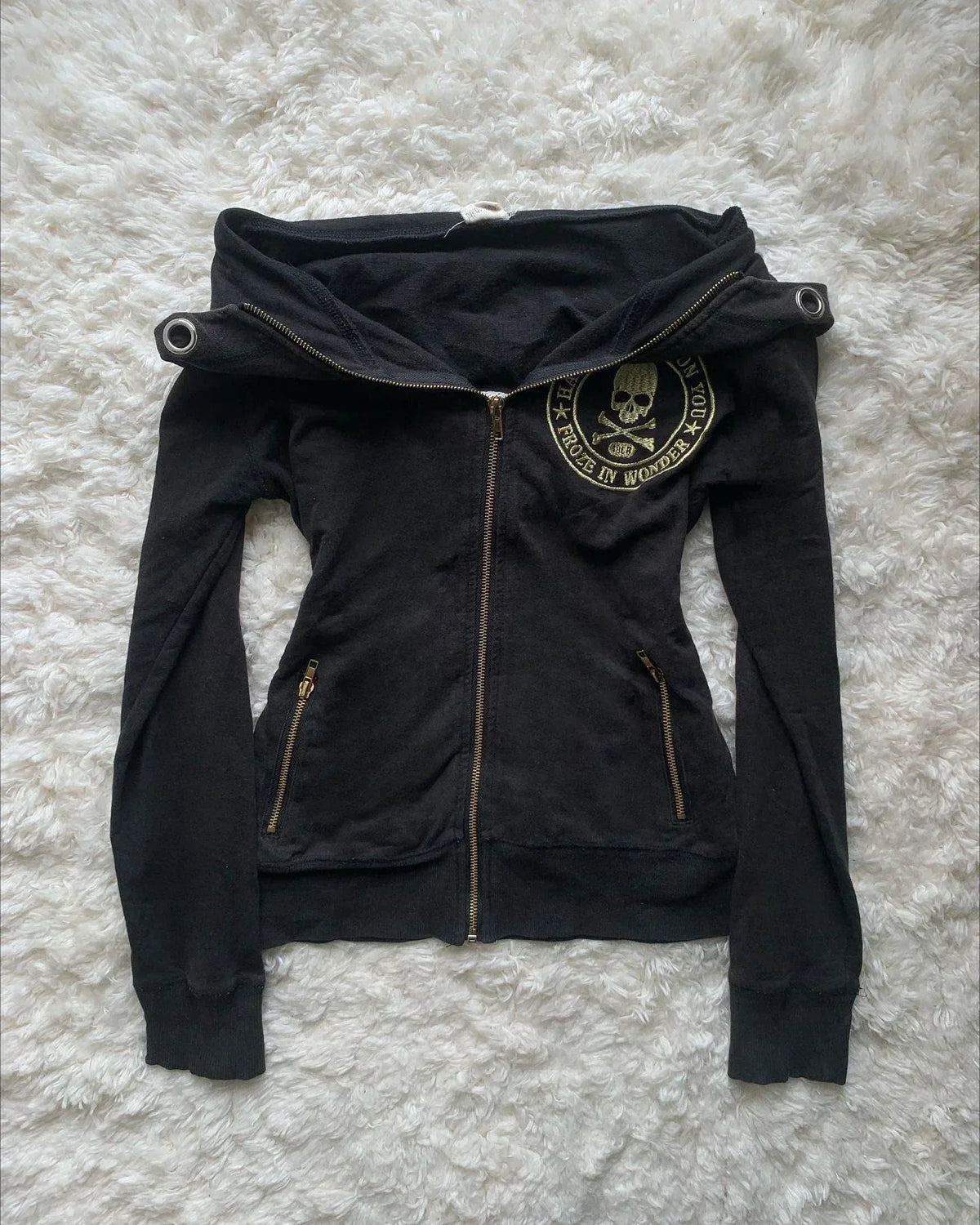 Retro Dark Style Zipper Hoodie Y2K Clothess Hip Hop Skull Patch Embroidery White Oversized Sweatshirt
