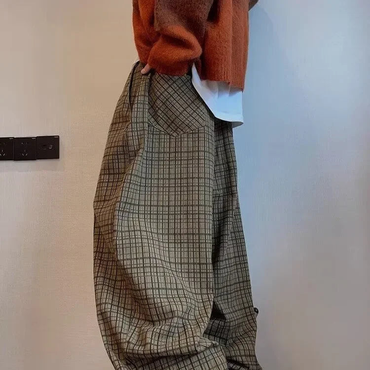 Retro American Canvas Straight Leg Pants Fine Plaid Design Sensation Small Audience Wide Leg Casual Trousers