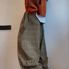 Retro American Canvas Straight Leg Pants Fine Plaid Design Sensation Small Audience Wide Leg Casual Trousers
