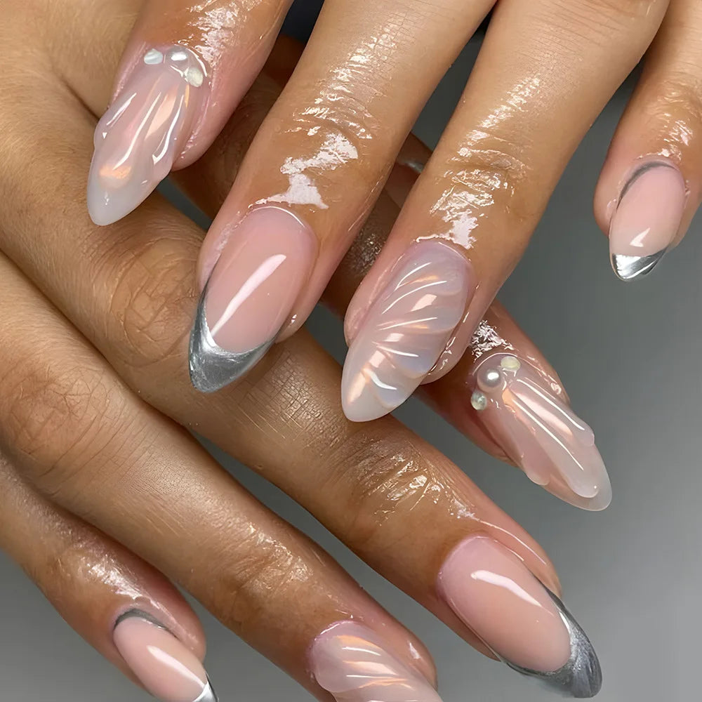 24Pcs Peach Blossom Press on Nails Cat's Eye Nude Glitter False Nail