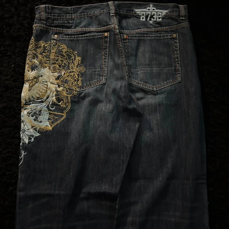 American Oversize Pattern Embroidered Baggy Jeans Y2K Gothic Harajuku Hip Hop Straight High Waist Wide Leg Pants