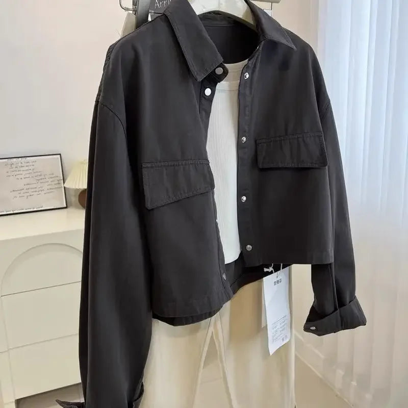 Loose Short Collared Workwear Jacket Style Versatile Korean Neutral Flip Collar Utility Coat Trend
