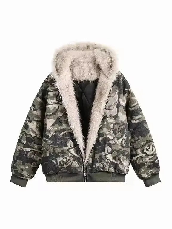 Y2K Hooded Jacket Short Bomber Coat Faux Fur Collar Warm Casual Streetwear Zipper Outerwear Ladies Clothes