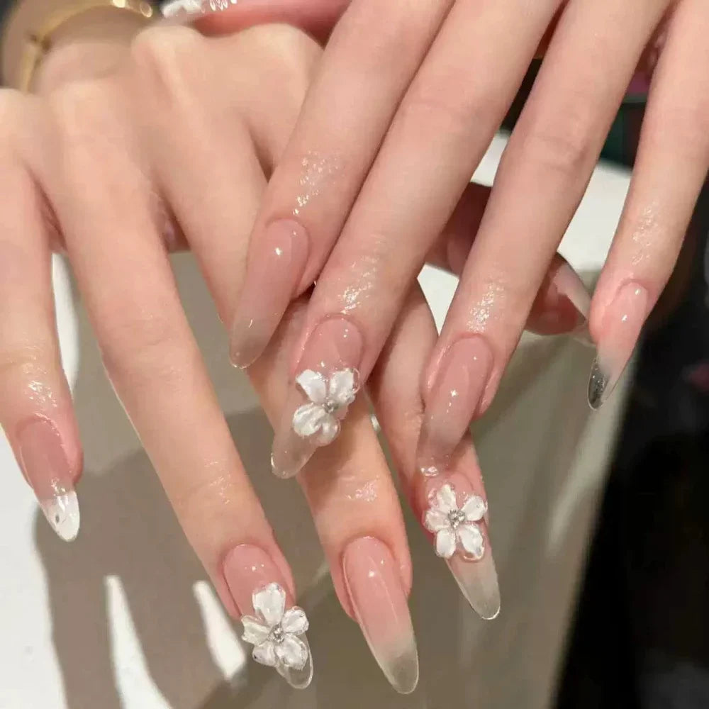 10Pcs Gentle Handwork Press On Nails French Style Flowers Butterfly Rhinestone Pearl Design Detachable False Nails Gift