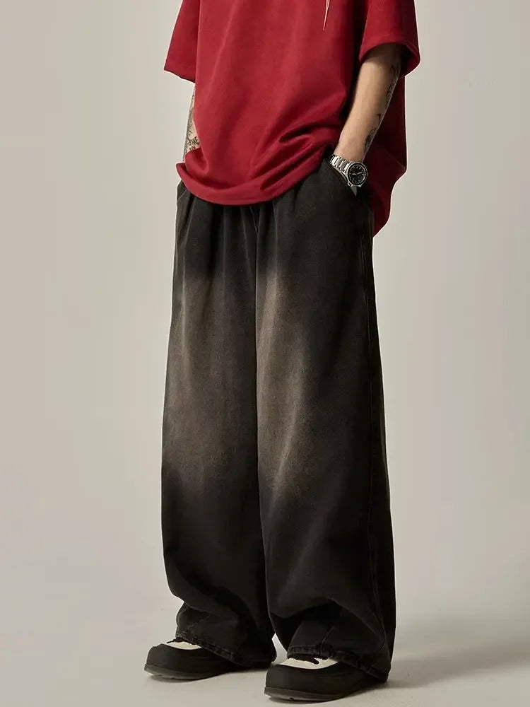Japanese Vintage Distressed Jeans Loose Straight Leg Bell Bottoms Casual Trousers Trendy Brand High Street Style