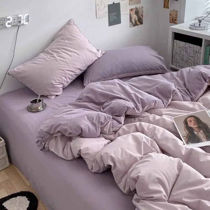 Bedding Set Ins Ambiance Blue Coffee Grid Mixed With Washed Cotton Minimalist Four Piece Set Fitted Sheets Duvet Cover