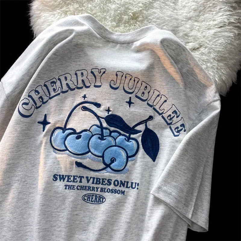 Cartoon Cherry Print Loose Fit Short Sleeve T-Shirt Polyester Crew Neck Top Sweet Lazy Couple Shirt Trendy