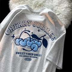 Cartoon Cherry Print Loose Fit Short Sleeve T-Shirt Polyester Crew Neck Top Sweet Lazy Couple Shirt Trendy