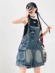 American Vintage Denim Overalls Wide Leg Jumpsuit Slim Fit Loose Design Youthful Style Short Romper