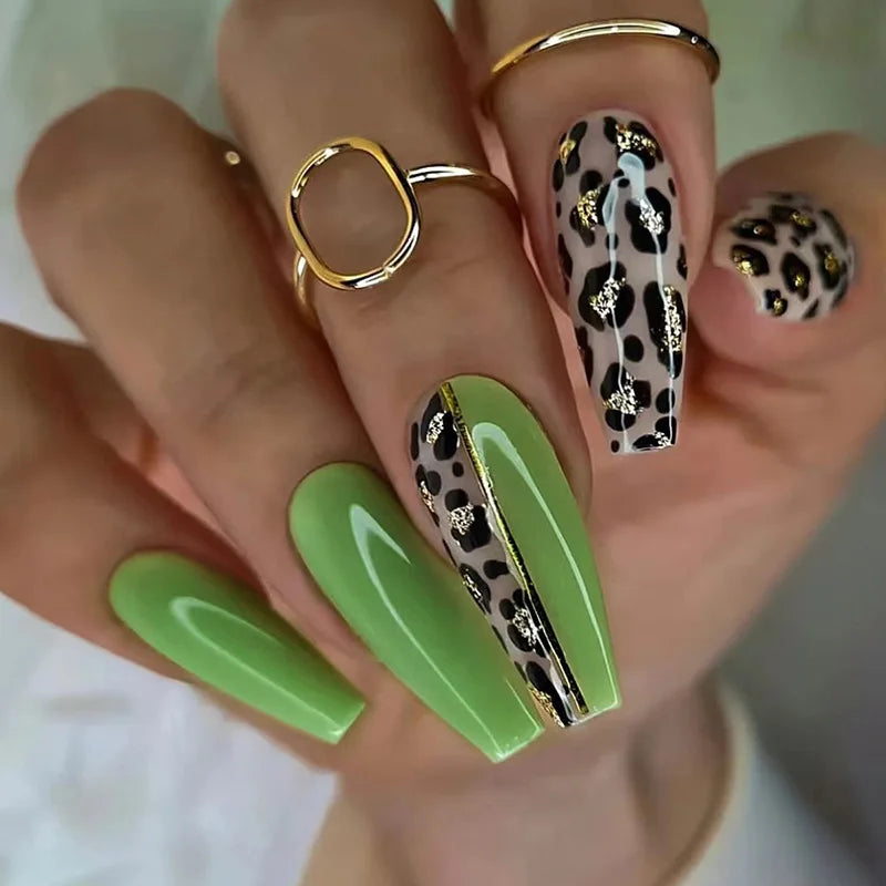24Pcs Long Coffin Leopard Print False Nails with Glue Sweet Cool Diamond Fake Nail Set Floral French Press on Wearable Nail Tips