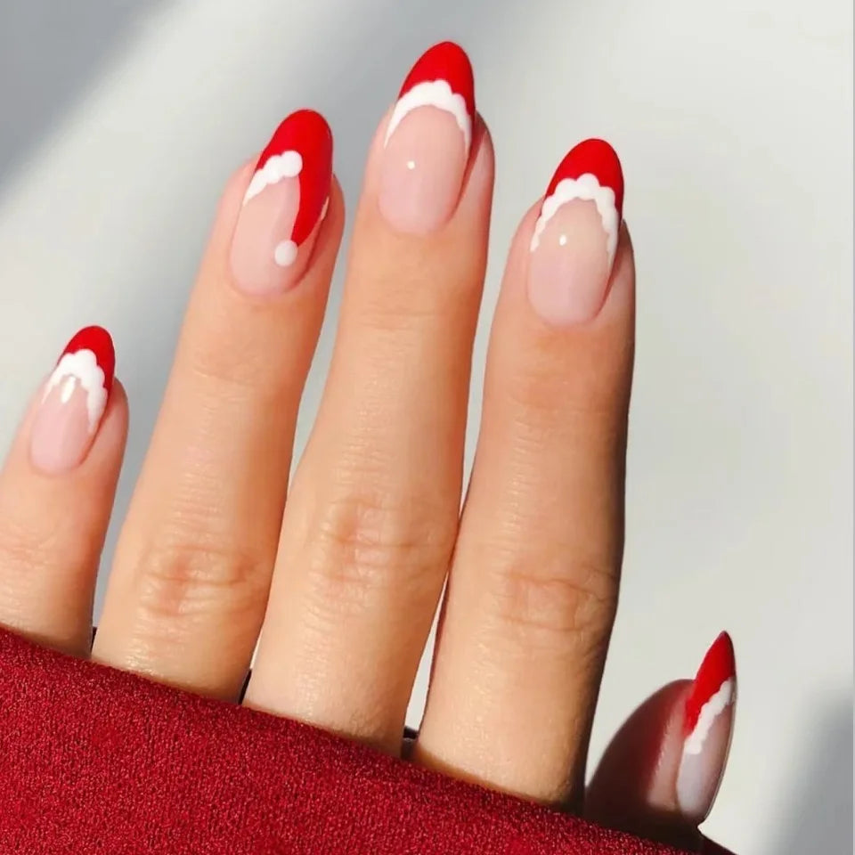 10Pcs Handmade Press on Nails French Almond Full Cover Cherries