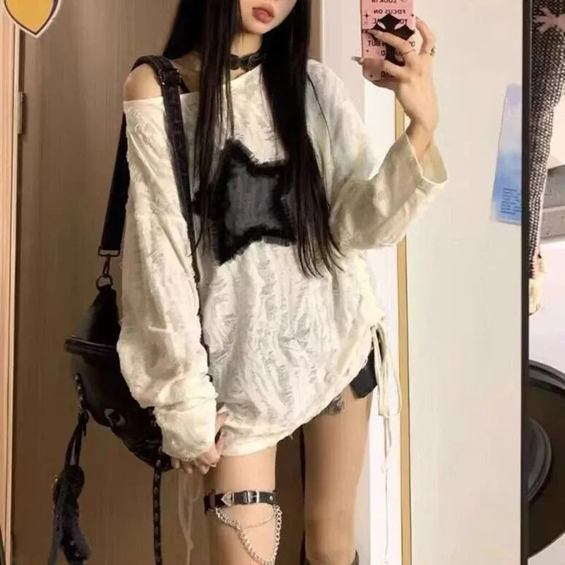 Y2K Hole Star Print T-Shirt Streetwear Off Shoulder Tops Oversized Kpop Long Sleeve Loose Tees Ladies New