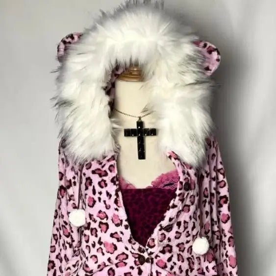 Y2k kawaii pink leopard print plush warm zipper sweatshirt high street Harajuku cute casual zipper hoodie