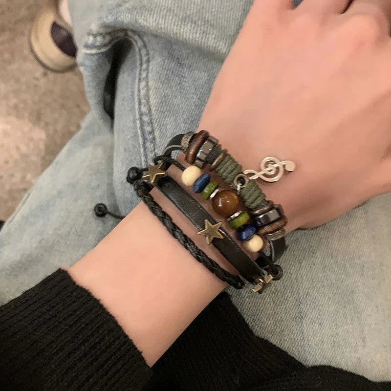 Handmade Hippie Design Brown Leather Bracelet Metal Star Note Charms Wood Button Beads Wrap Unisex Adjustable Bracelet