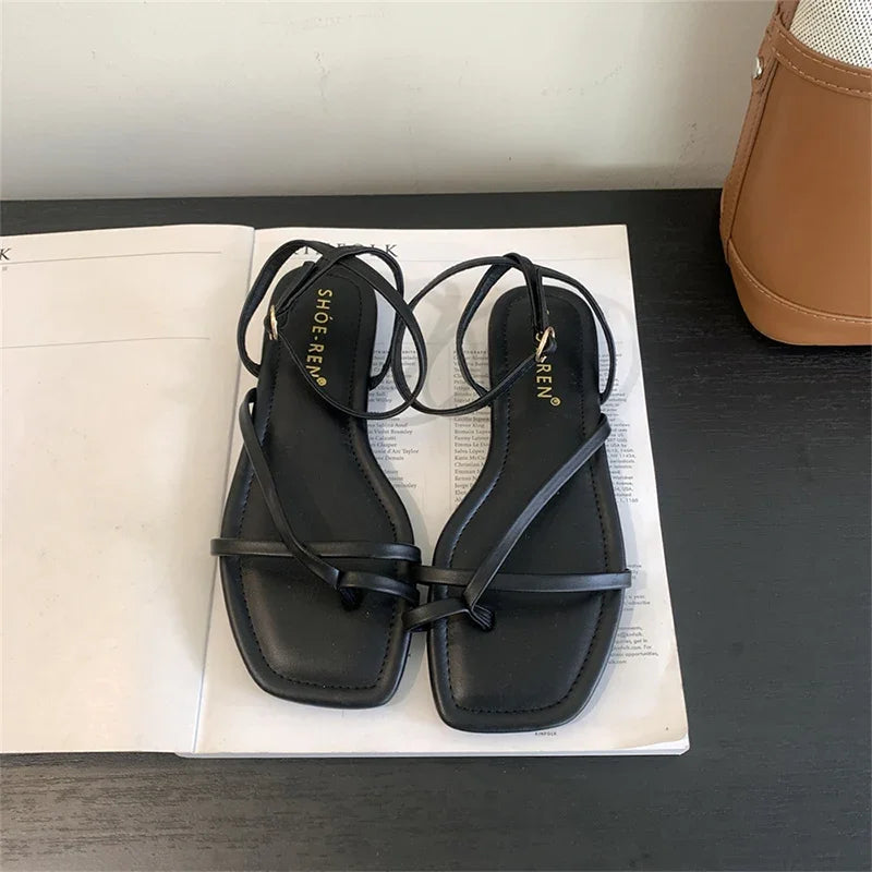 Gladiator Sandals Elegant Narrow Band Clip Toe Shoes Ladies Comfort Flats Beach Sandalias