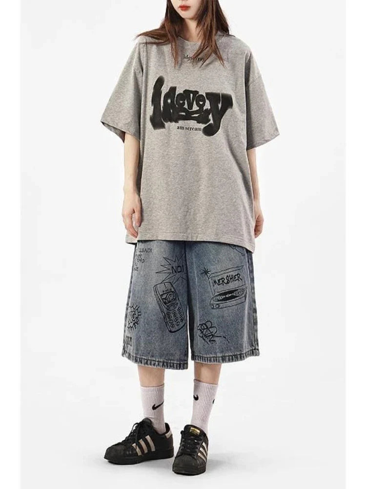 Y2k Style Baggy Denim Shorts Wide Leg Short Pants High Waisted Dark Wash Knee Length Loose Unisex Jeans Casual