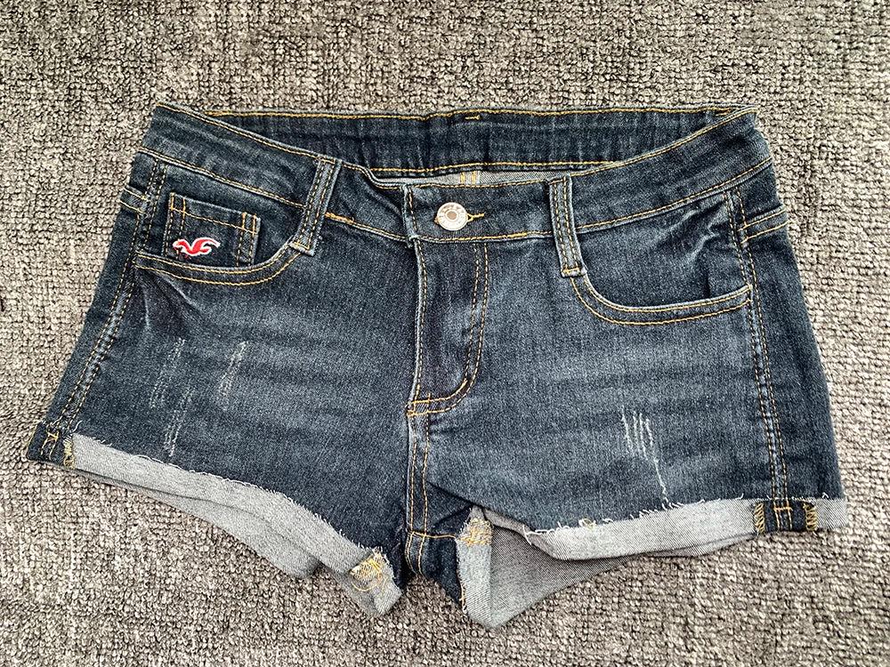 Korean Low Waist Denim Shorts American Lady Y2K Elastic Slim Fit Pants Embroidery Wrapping Jeans