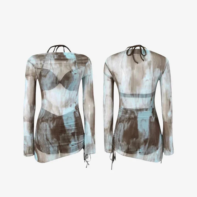 Korean Sports Three-Piece Multi-Color Printing Sling Low-Cut High-Waist Body Suit Shorts Side Drawstring Sweet Swimsuit