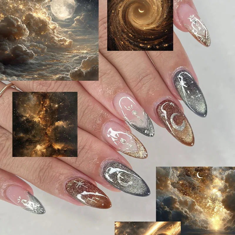 24pcs Golden Lines Patterns False Nails Dark Purple Blush French Fake Nails
