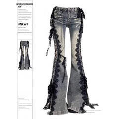 Dark Academia Goblin Core Harajuku Y2K Low Rise Lace Jeans Abi Denim Flare Pants Bell-Bottom Y2k Japanese Goth Gyaru Kpop