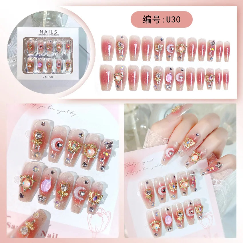 24PC Stereoscopic Vision False Nails Artificial Colors Fake Nails with Glue Full Cover Nail Tips Press on Nails Manicure Tools