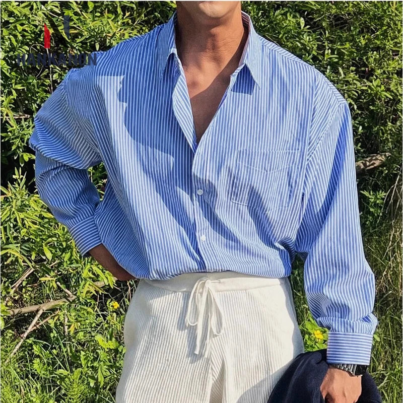 Blue Vertical Striped Long-Sleeved Shirt, Korean Style Casual Shirt Coat