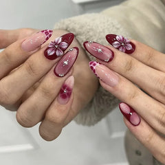 24PCS Simple Ins Dark Pink Blush 3D Flower Almond False Nails with Glue Leopard Print French Spice Girls Fake Nail Tips Press On