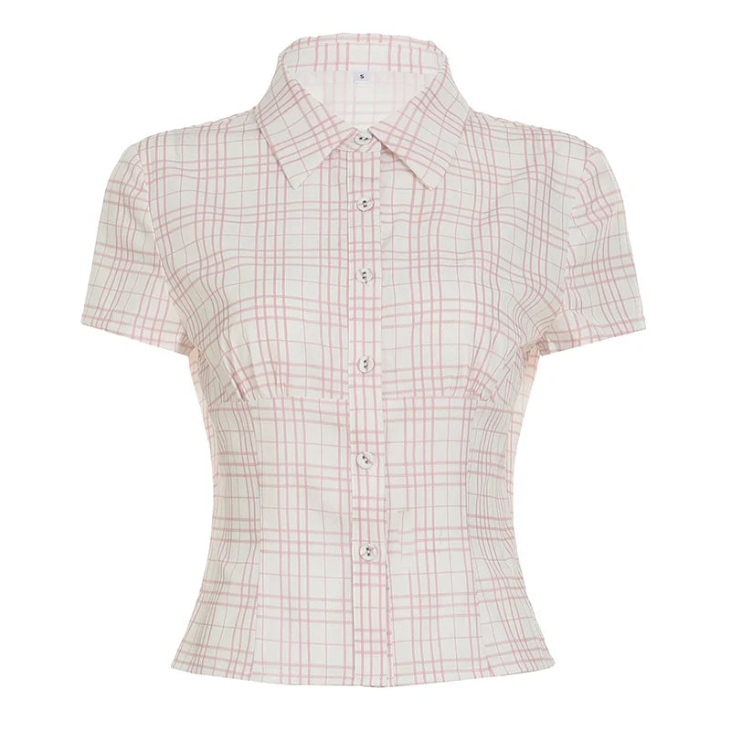 Rockmoer French Stripe Blouse Button-up Lapel Slim Shirt Y2K Vintage Street Elegant Short Sleeve Tops Preppy Downtown Girl